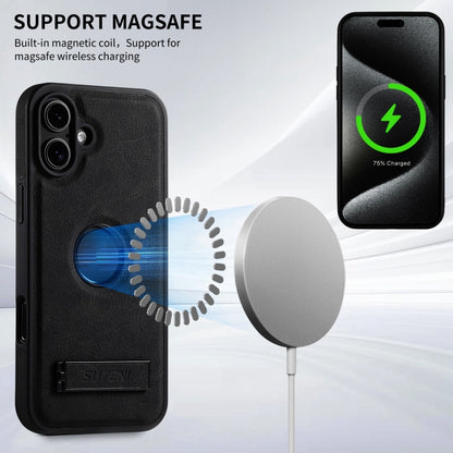 For iPhone 16 Plus Suteni G2 Magsafe Litchi Texture Leather Back Phone Case with Holder(Black) by Suteni