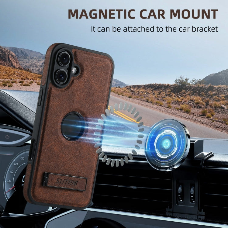 For iPhone 16 Plus Suteni G2 Magsafe Litchi Texture Leather Back Phone Case with Holder(Brown) by Suteni