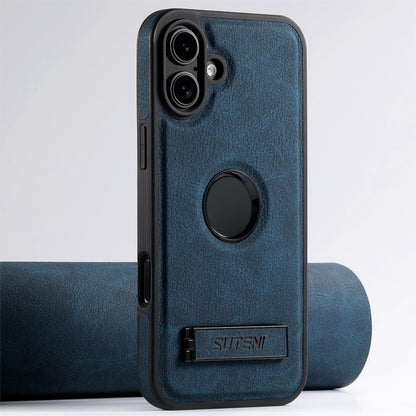 For iPhone 16 Plus Suteni G2 Magsafe Litchi Texture Leather Back Phone Case with Holder(Blue) by Suteni