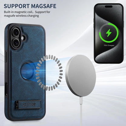For iPhone 16 Plus Suteni G2 Magsafe Litchi Texture Leather Back Phone Case with Holder(Blue) by Suteni