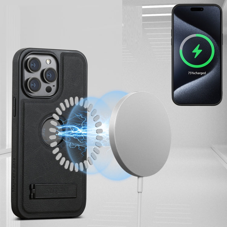 For iPhone 16 Pro Max Suteni G2 Magsafe Litchi Texture Leather Back Phone Case with Holder(Black) by Suteni