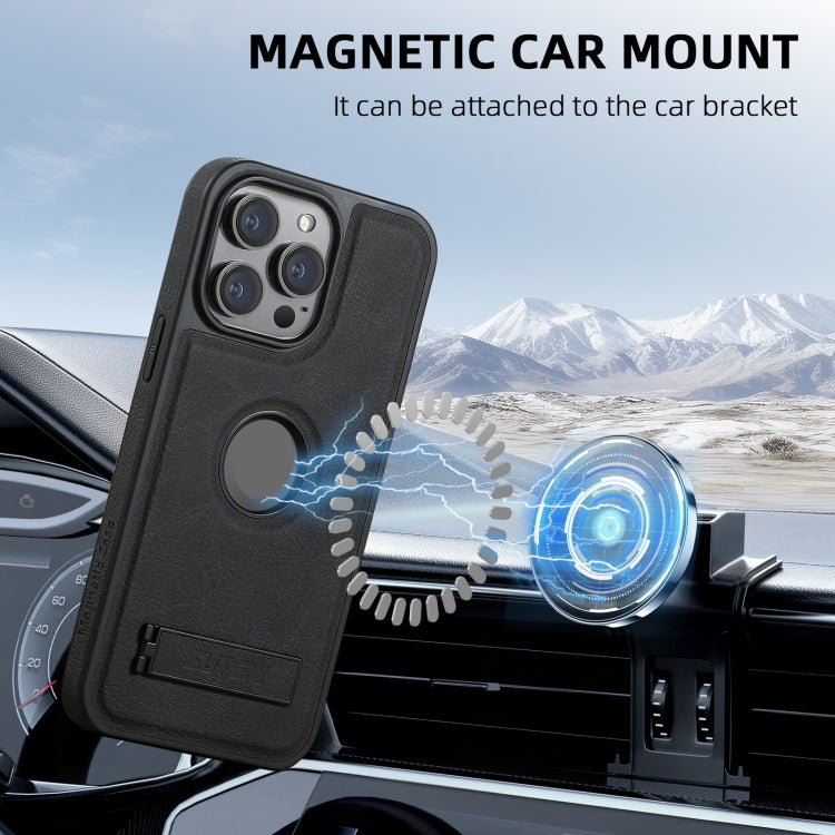 For iPhone 16 Pro Max Suteni G2 Magsafe Litchi Texture Leather Back Phone Case with Holder(Black) by Suteni