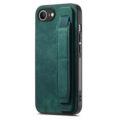 For iPhone 16e Retro Wristband Holder Leather Back Phone Case(Green) by bashfashion