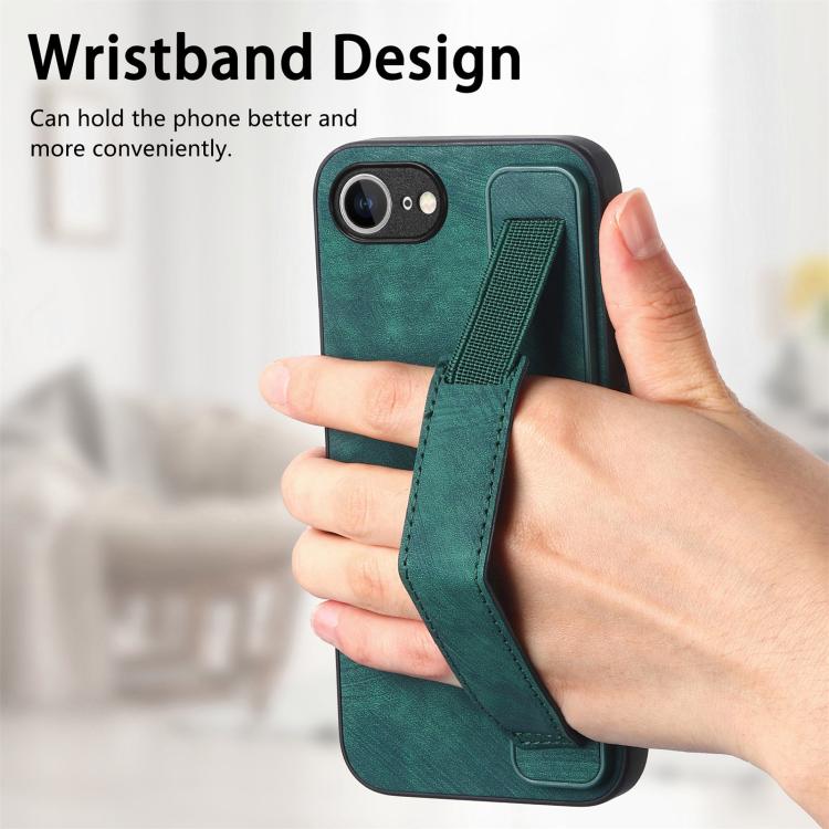 For iPhone 16e Retro Wristband Holder Leather Back Phone Case(Green) by bashfashion