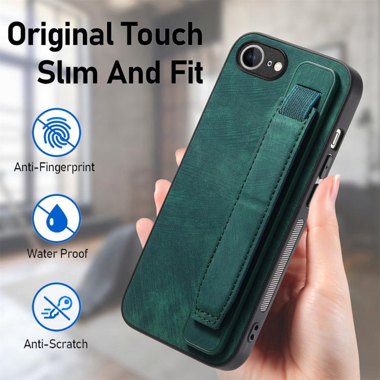 For iPhone 16e Retro Wristband Holder Leather Back Phone Case(Green) by bashfashion