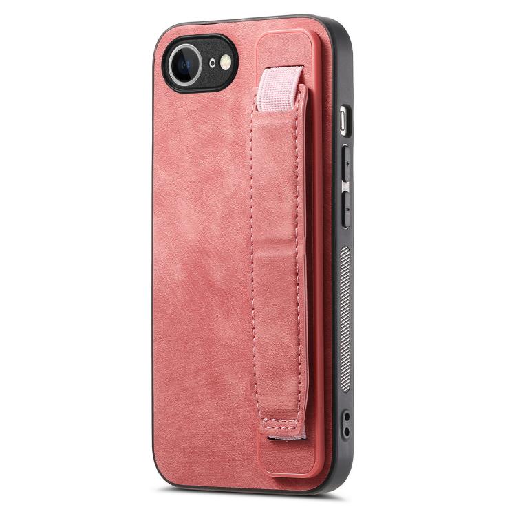 For iPhone 16e Retro Wristband Holder Leather Back Phone Case(Pink) by bashfashion