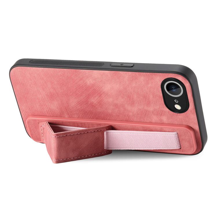 For iPhone 16e Retro Wristband Holder Leather Back Phone Case(Pink) by bashfashion