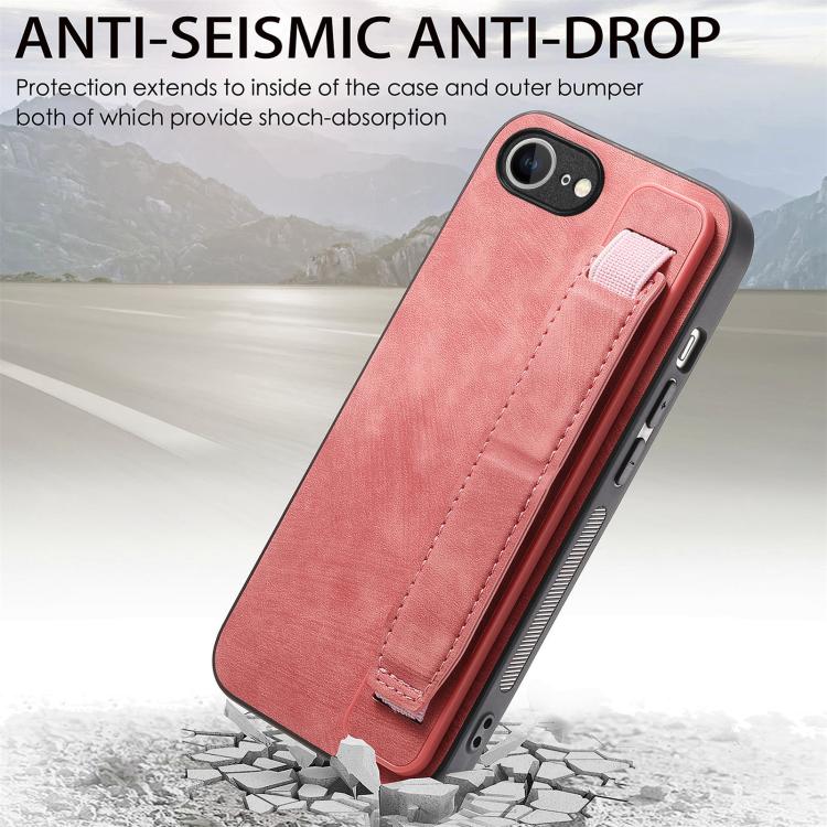 For iPhone 16e Retro Wristband Holder Leather Back Phone Case(Pink) by bashfashion
