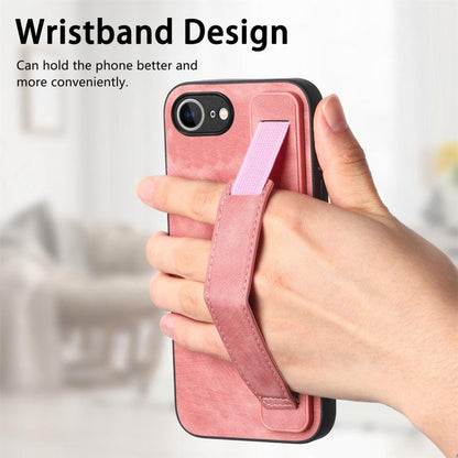 For iPhone 16e Retro Wristband Holder Leather Back Phone Case(Pink) by bashfashion