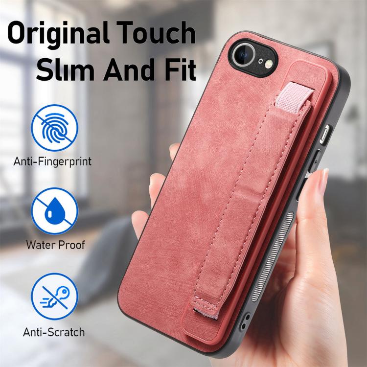 For iPhone 16e Retro Wristband Holder Leather Back Phone Case(Pink) by bashfashion