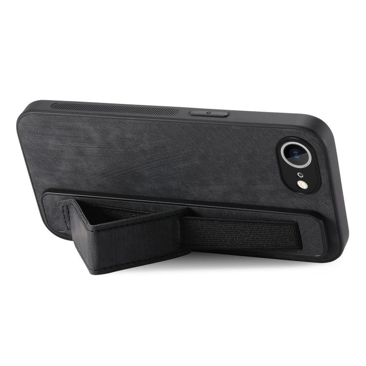 For iPhone 16e Retro Wristband Holder Leather Back Phone Case(Black) by bashfashion