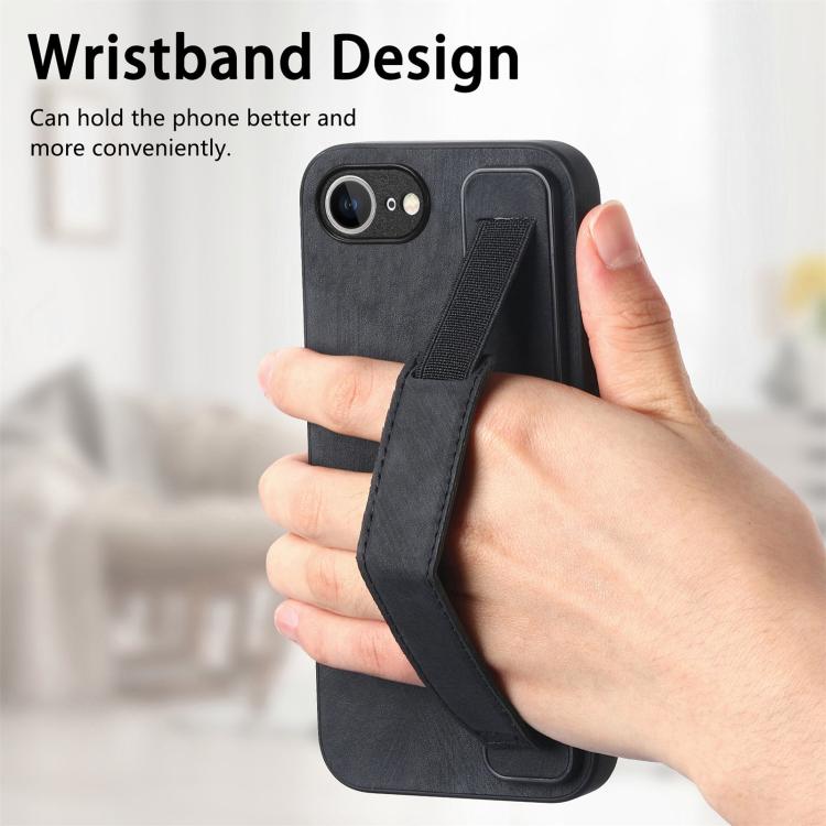 For iPhone 16e Retro Wristband Holder Leather Back Phone Case(Black) by bashfashion