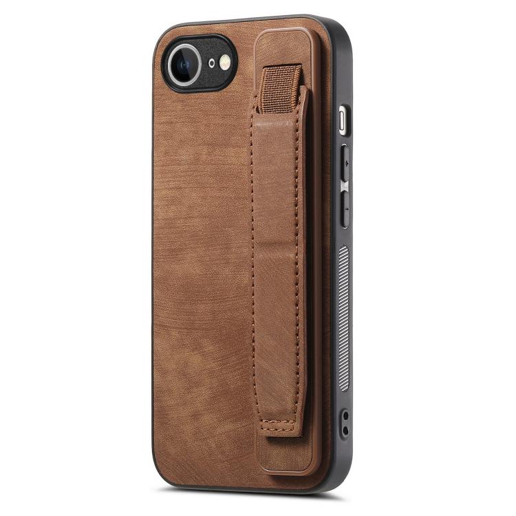 For iPhone 16e Retro Wristband Holder Leather Back Phone Case(Brown) by bashfashion