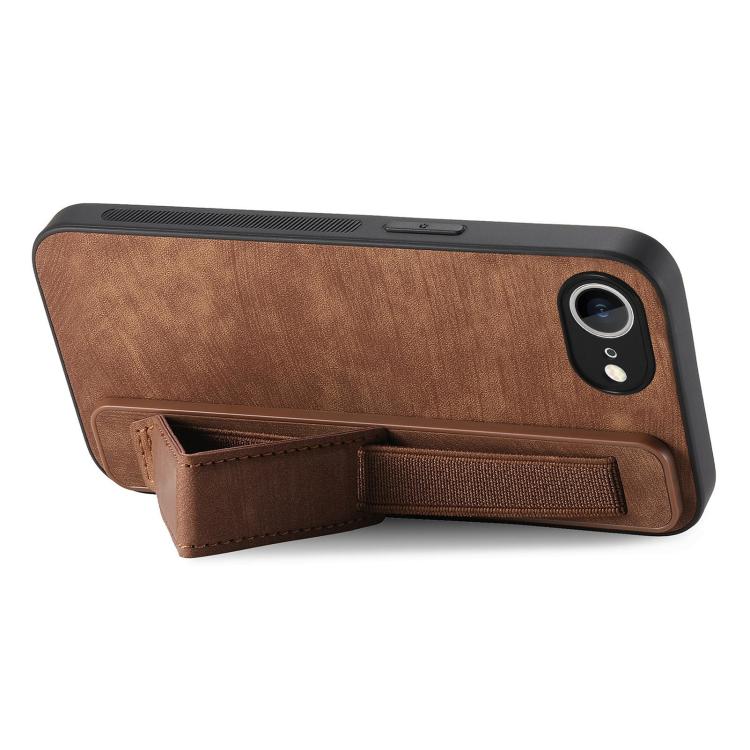 For iPhone 16e Retro Wristband Holder Leather Back Phone Case(Brown) by bashfashion