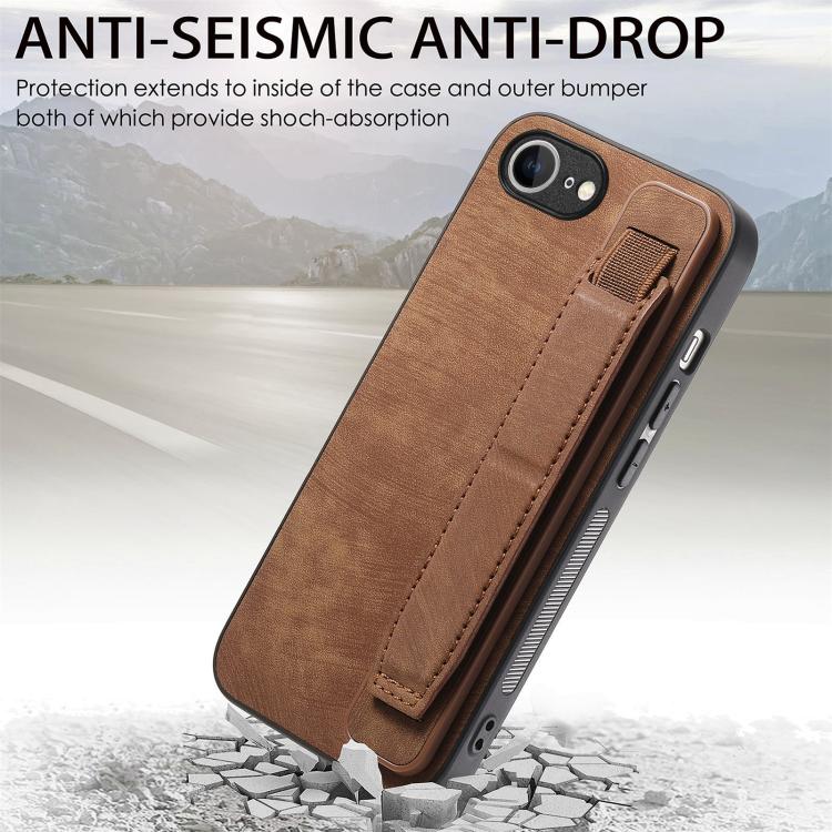 For iPhone 16e Retro Wristband Holder Leather Back Phone Case(Brown) by bashfashion