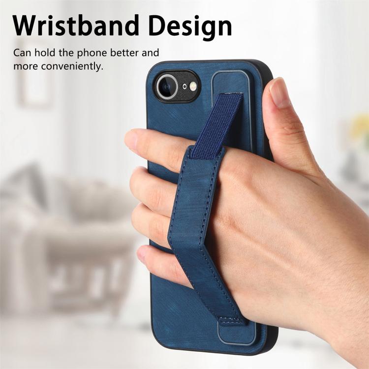 For iPhone 16e Retro Wristband Holder Leather Back Phone Case(Blue) by bashfashion