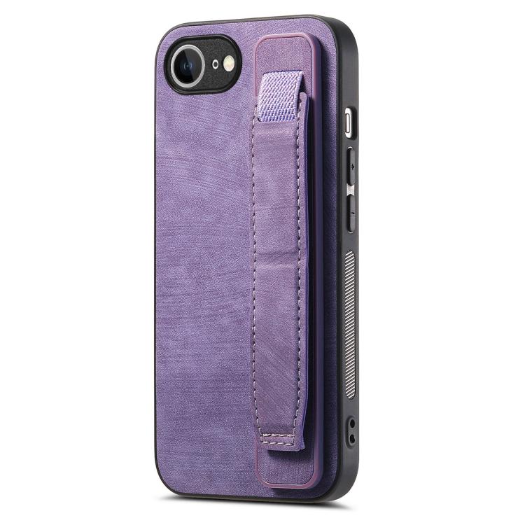For iPhone 16e Retro Wristband Holder Leather Back Phone Case(Purple) by bashfashion