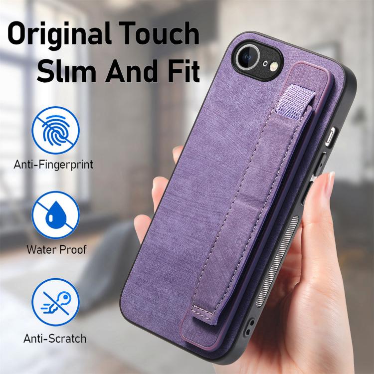 For iPhone 16e Retro Wristband Holder Leather Back Phone Case(Purple) by bashfashion