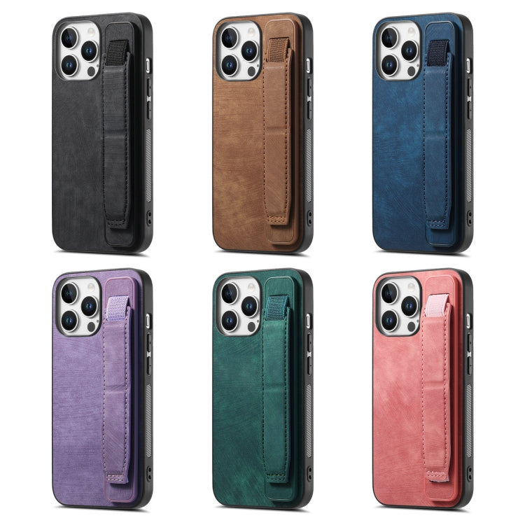 For iPhone 16e Retro Wristband Holder Leather Back Phone Case(Pink) by bashfashion