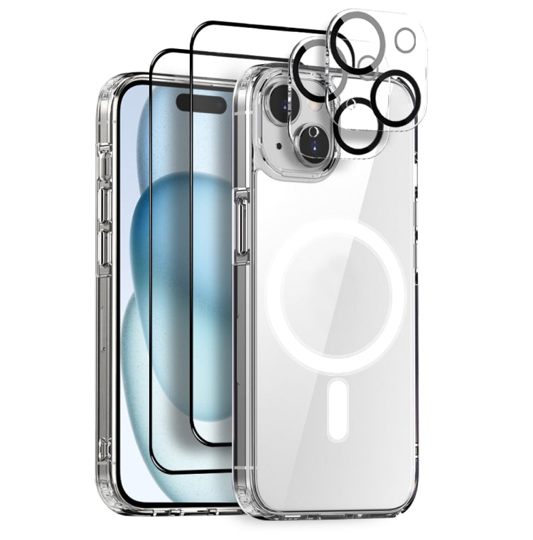For iPhone 15 Plus NORTHJO 5 in 1 Magsafe Clear Phone Case with 2pcs Screen Film + 2pcs Rear Lens Film by NORTHJO
