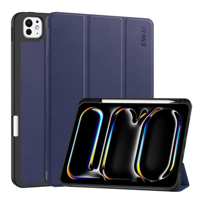 For iPad Pro 11 2025 / 2024 ENKAY Tri-fold Custer Texture TPU Leather Smart Tablet Case with Pen Slot(Dark Blue) by ENKAY
