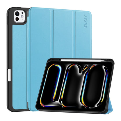 For iPad Pro 11 2025 / 2024 ENKAY Tri-fold Custer Texture TPU Leather Smart Tablet Case with Pen Slot(Light Blue) by ENKAY