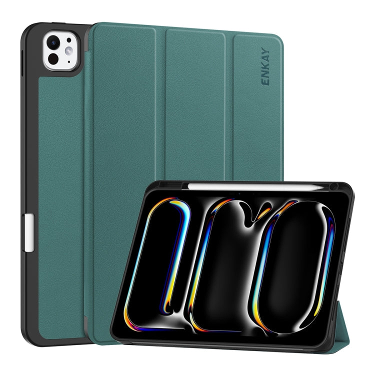 For iPad Pro 11 2025 / 2024 ENKAY Tri-fold Custer Texture TPU Leather Smart Tablet Case with Pen Slot(Dark Green) by ENKAY