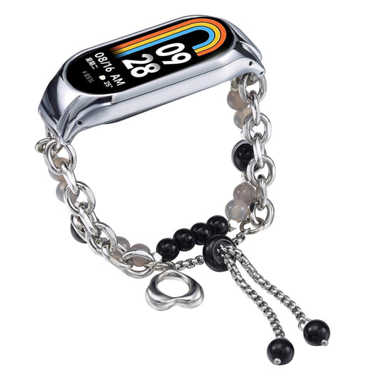 For Xiaomi Mi Band 8 Crystal Beaded Onyx Watch Band(Silver+Black Pearl) by bashfashion