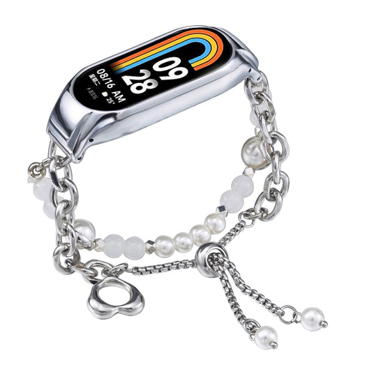 For Xiaomi Mi Band 8 Crystal Beaded Onyx Watch Band(Silver+White Pearl) by bashfashion