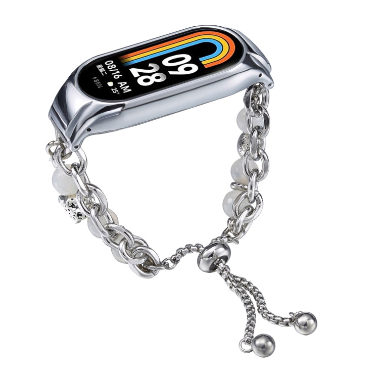 For Xiaomi Mi Band 8 Crystal Beaded Onyx Watch Band(Silver+Leopard Head) by bashfashion