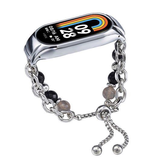 For Xiaomi Mi Band 8 Crystal Beaded Onyx Watch Band(Silver+Agate Bead) by bashfashion