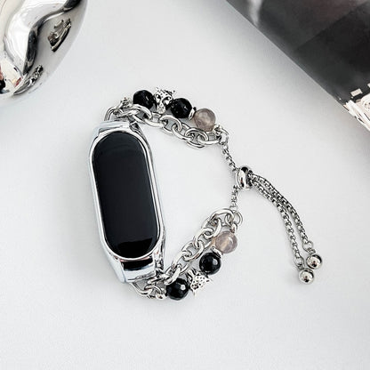 For Xiaomi Mi Band 8 Crystal Beaded Onyx Watch Band(Silver+Agate Bead) by bashfashion