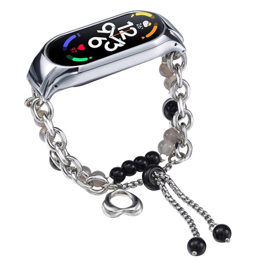 For Xiaomi Mi Band 7 Crystal Beaded Onyx Watch Band(Silver+Black Pearl) by bashfashion