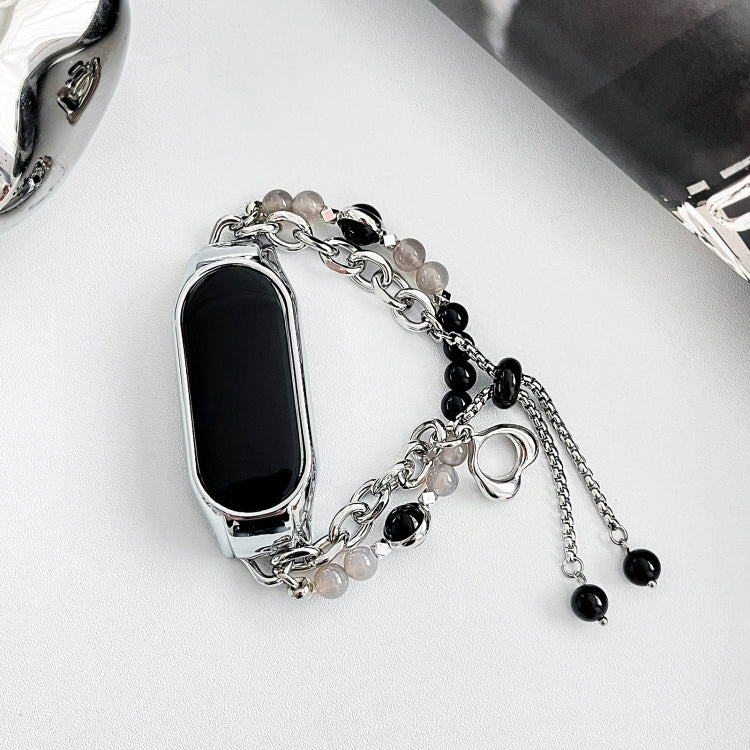 For Xiaomi Mi Band 7 Crystal Beaded Onyx Watch Band(Silver+Black Pearl) by bashfashion