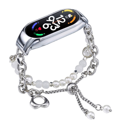 For Xiaomi Mi Band 7 Crystal Beaded Onyx Watch Band(Silver+White Pearl) by bashfashion