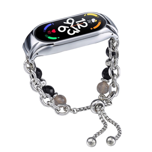 For Xiaomi Mi Band 7 Crystal Beaded Onyx Watch Band(Silver+Agate Bead) by bashfashion