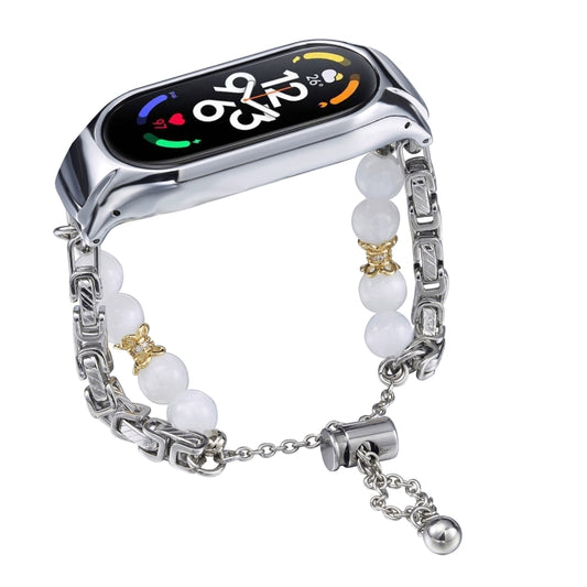 For Xiaomi Mi Band 7 Crystal Beaded Onyx Watch Band(Silver+Copper Collar) by bashfashion