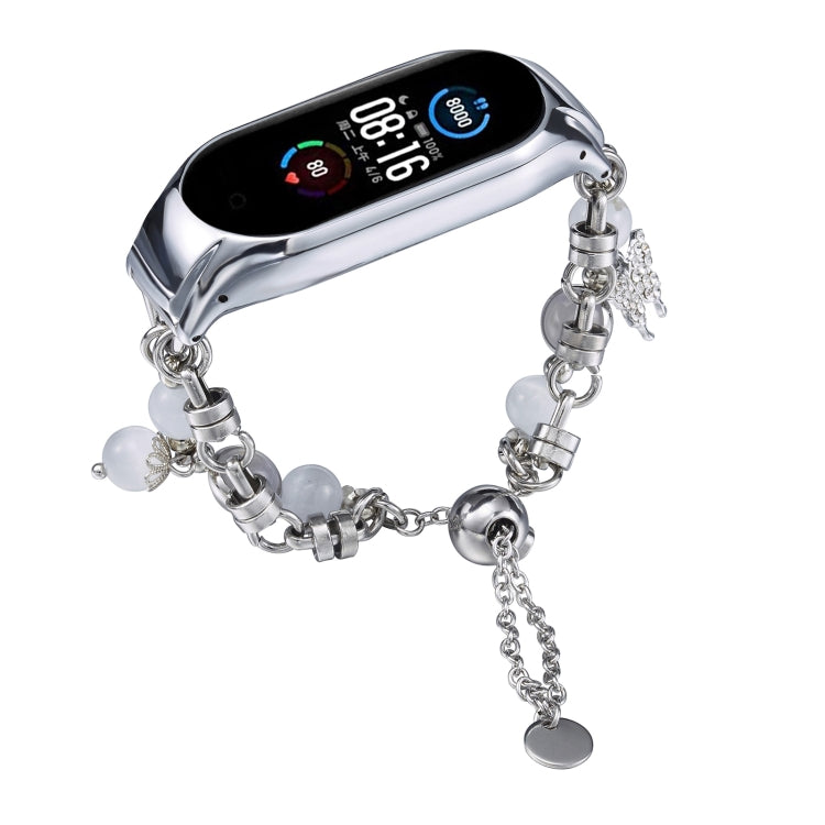 For Xiaomi Mi Band 5 / 6 Crystal Beaded Onyx Watch Band(Silver+Butterfly) by bashfashion