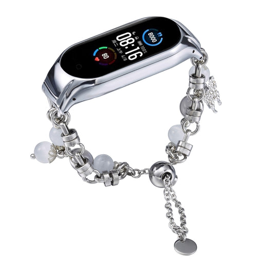 For Xiaomi Mi Band 5 / 6 Crystal Beaded Onyx Watch Band(Silver+Butterfly) by bashfashion