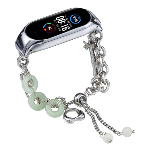 For Xiaomi Mi Band 5 / 6 Crystal Beaded Onyx Watch Band(Silver+Jade Donut) by bashfashion
