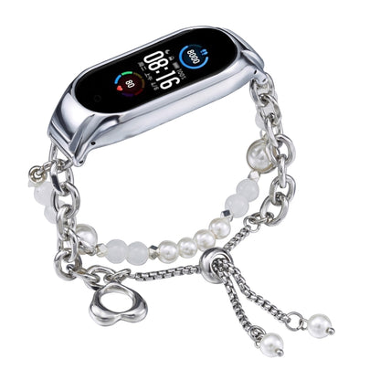 For Xiaomi Mi Band 5 / 6 Crystal Beaded Onyx Watch Band(Silver+White Pearl) by bashfashion