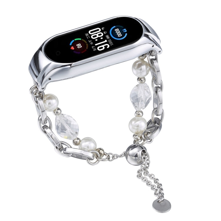 For Xiaomi Mi Band 5 / 6 Crystal Beaded Onyx Watch Band(Silver+Crystal Bead) by bashfashion