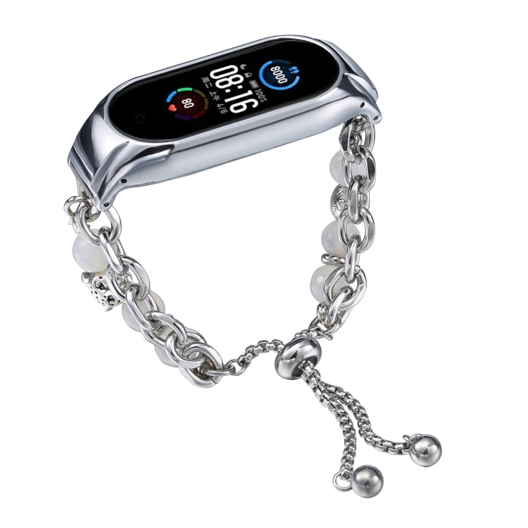 For Xiaomi Mi Band 5 / 6 Crystal Beaded Onyx Watch Band(Silver+Leopard Head) by bashfashion
