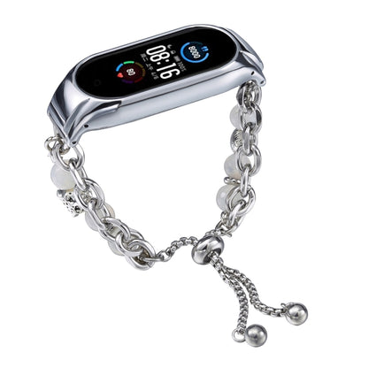 For Xiaomi Mi Band 5 / 6 Crystal Beaded Onyx Watch Band(Silver+Leopard Head) by bashfashion