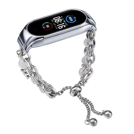 For Xiaomi Mi Band 5 / 6 Crystal Beaded Onyx Watch Band(Silver+Leopard Head) by bashfashion