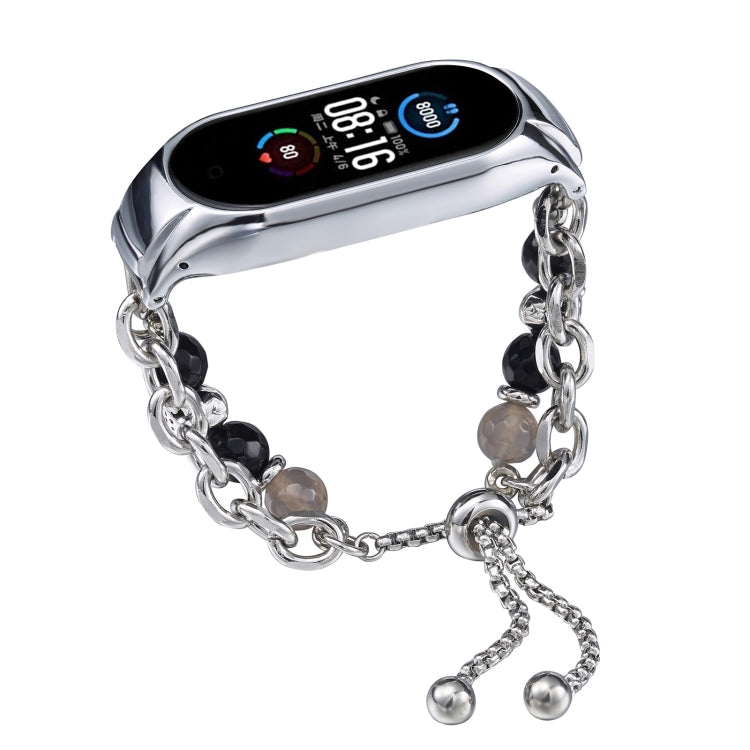 For Xiaomi Mi Band 5 / 6 Crystal Beaded Onyx Watch Band(Silver+Agate Bead) by bashfashion