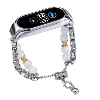 For Xiaomi Mi Band 5 / 6 Crystal Beaded Onyx Watch Band(Silver+Copper Collar) by bashfashion