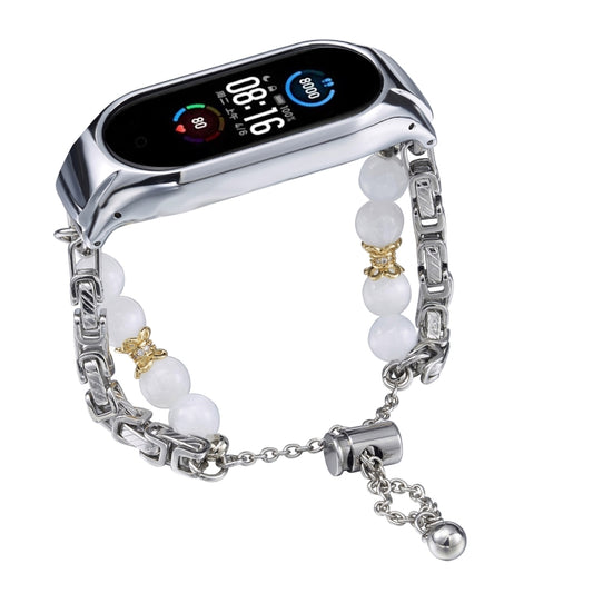 For Xiaomi Mi Band 5 / 6 Crystal Beaded Onyx Watch Band(Silver+Copper Collar) by bashfashion