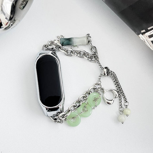 For Xiaomi Mi Band 3 / 4 Crystal Beaded Onyx Watch Band(Silver+Jade Donut) by bashfashion