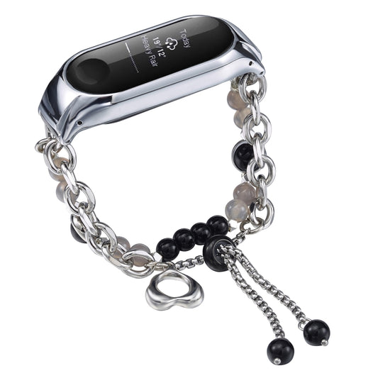 For Xiaomi Mi Band 3 / 4 Crystal Beaded Onyx Watch Band(Silver+Black Pearl) by bashfashion